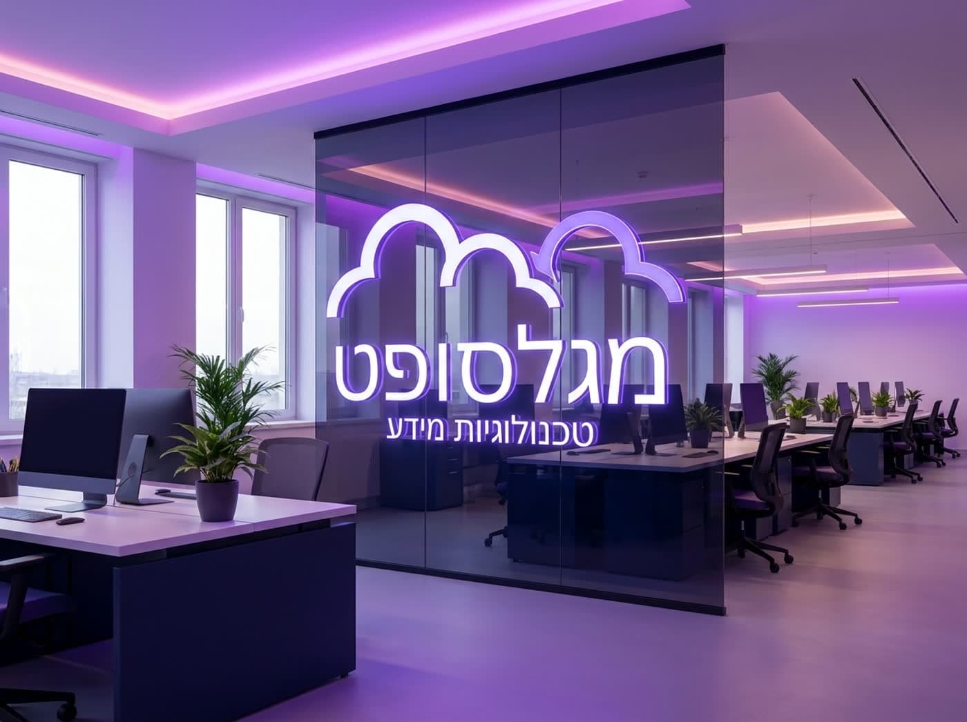 משרדי מגלסופט — קבלה מוארת עם לוגו החברה על קיר זכוכית